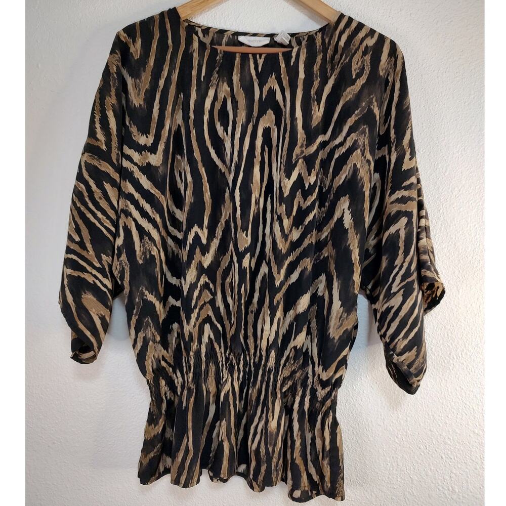 Chico's Black Brown Tan Animal Print Half Sleeve Round Neck Smocked Waist Top 2